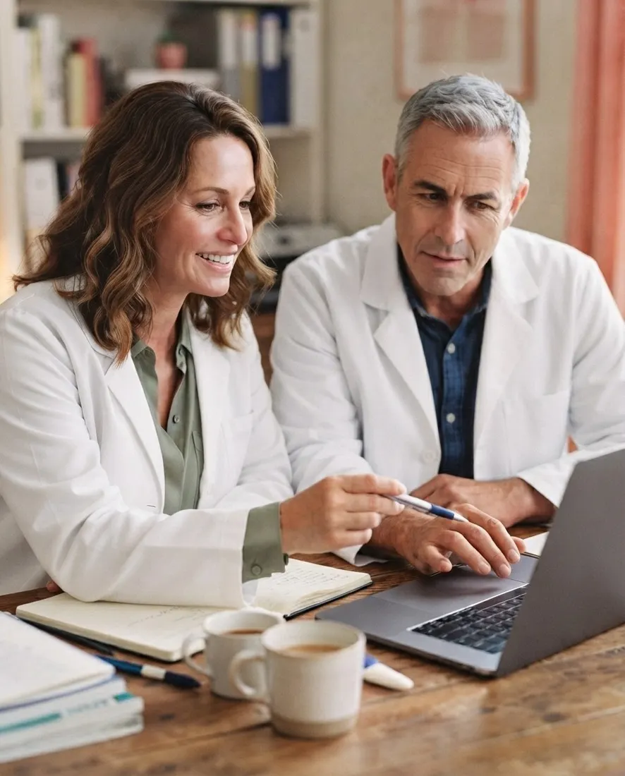 Una doctora y un médico, los dos con bata, revisan juntos un caso en la laptop