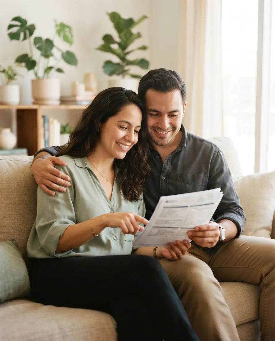 Una pareja revisa junta sus resultados en casa
